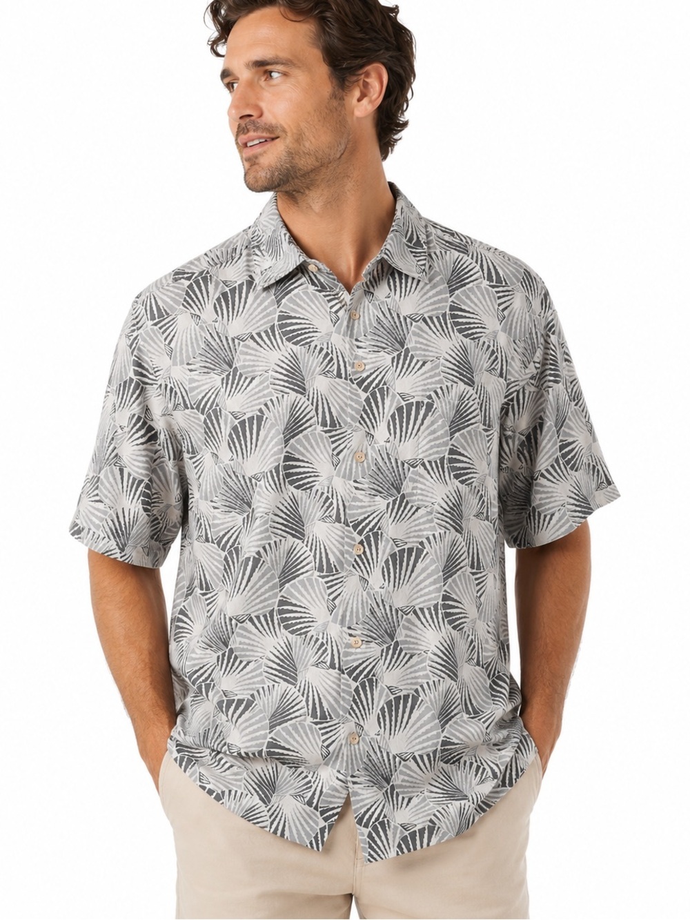 Tommy Bahama 100% Silk Hawaiian Camp Shirt Gray Palm Leaf Print XL